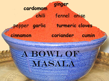 bowl of masala that contains a range of powdered spices  such as chili, cumin, cardomom, cilantro, ginger, garlic, cinnamon and fennel amongst other spices